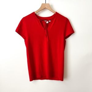 Anthropologie Ett;Twa Solid Red Merino Wool Short Sleeve Tie V-Neck Top Large